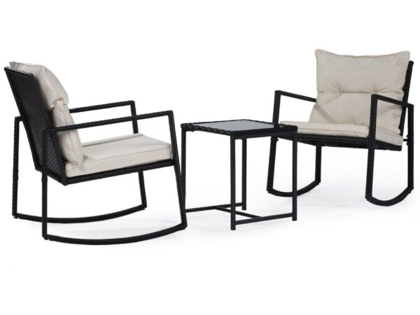 Salon de Jardin en Résine Tressée "Sami" – 2 Fauteuils à Bascule Noir/Beige avec Table Basse