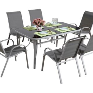 Salon de Jardin 6 Personnes Gris Clair - Textilène "Córdoba + Porto" avec Table en Verre Dépoli