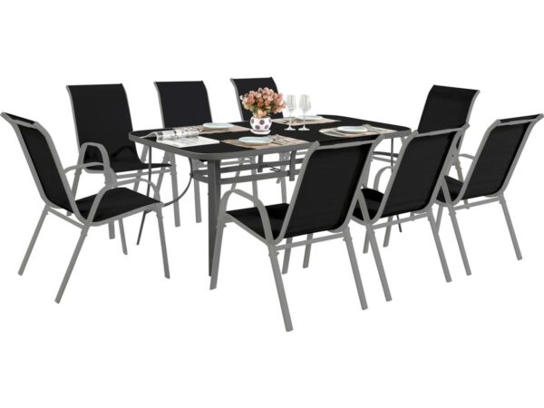 Salon de Jardin 8 Personnes Cordoba + Tropic - Élégance, Robustesse et Confort en Aluminium et Verre Noir