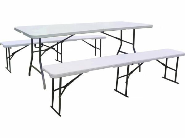 Ensemble Table Pliante et Bancs "Foldy" Blanc - Mobilier de Jardin Solide et Pratique