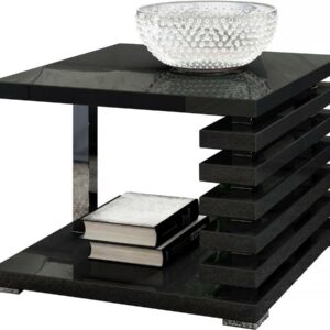 Table Basse Moderne "Kyoto +2" Noir Brillant 60x60cm, Rangement Élégant