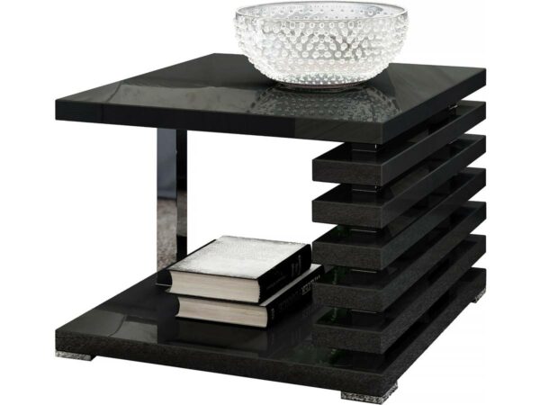 Table Basse Moderne "Kyoto +2" Noir Brillant 60x60cm, Rangement Élégant