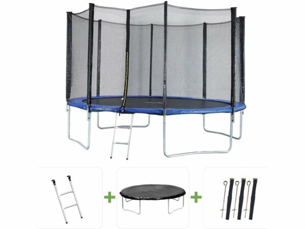 Trampoline "Joycy" Ø 4,27 m avec Filet, Échelle, Couverture et Kit d'Ancrage - Sécurité et Divertissement pour le Jardin