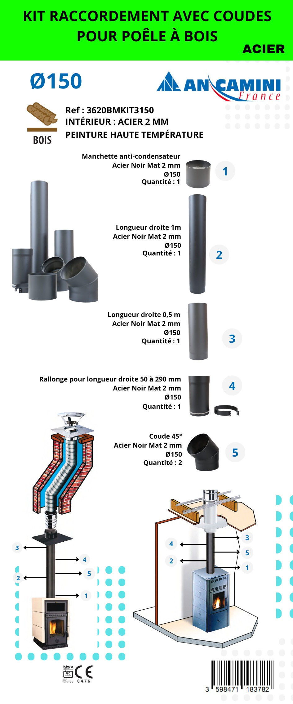 Kit de raccordement avec coudes pour poêle à bois – acier noir 2 mm Ø150 – avec manchette, longueurs droites, rallonge ajustable
