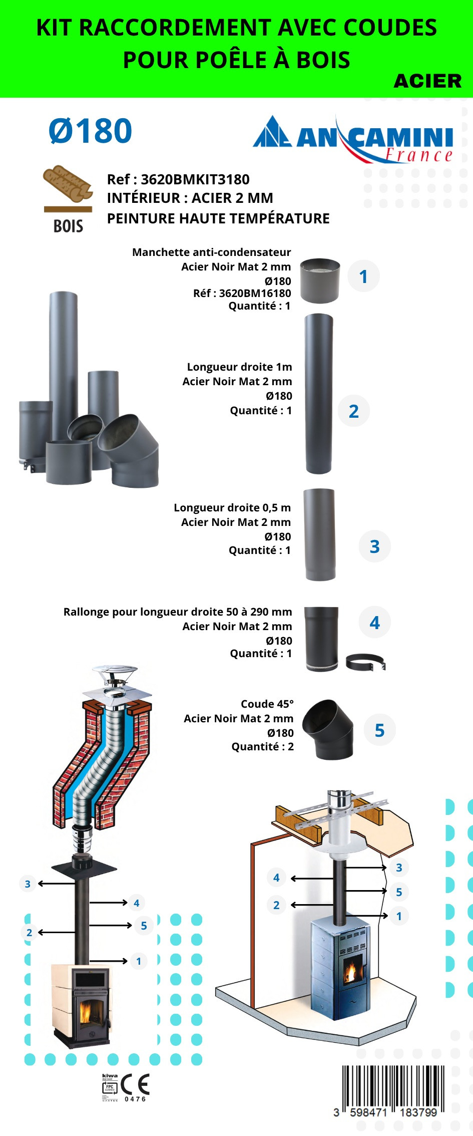 Kit de raccordement avec coudes pour poêle à bois – acier noir 2 mm Ø180 – avec manchette, longueurs droites, rallonge ajustable