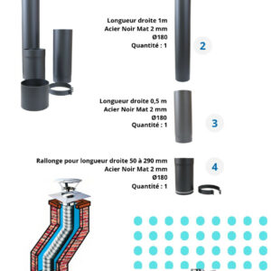 Kit de raccordement droit pour poêle à bois – acier noir 2 mm Ø180 – avec manchette, longueurs droites et rallonge ajustable
