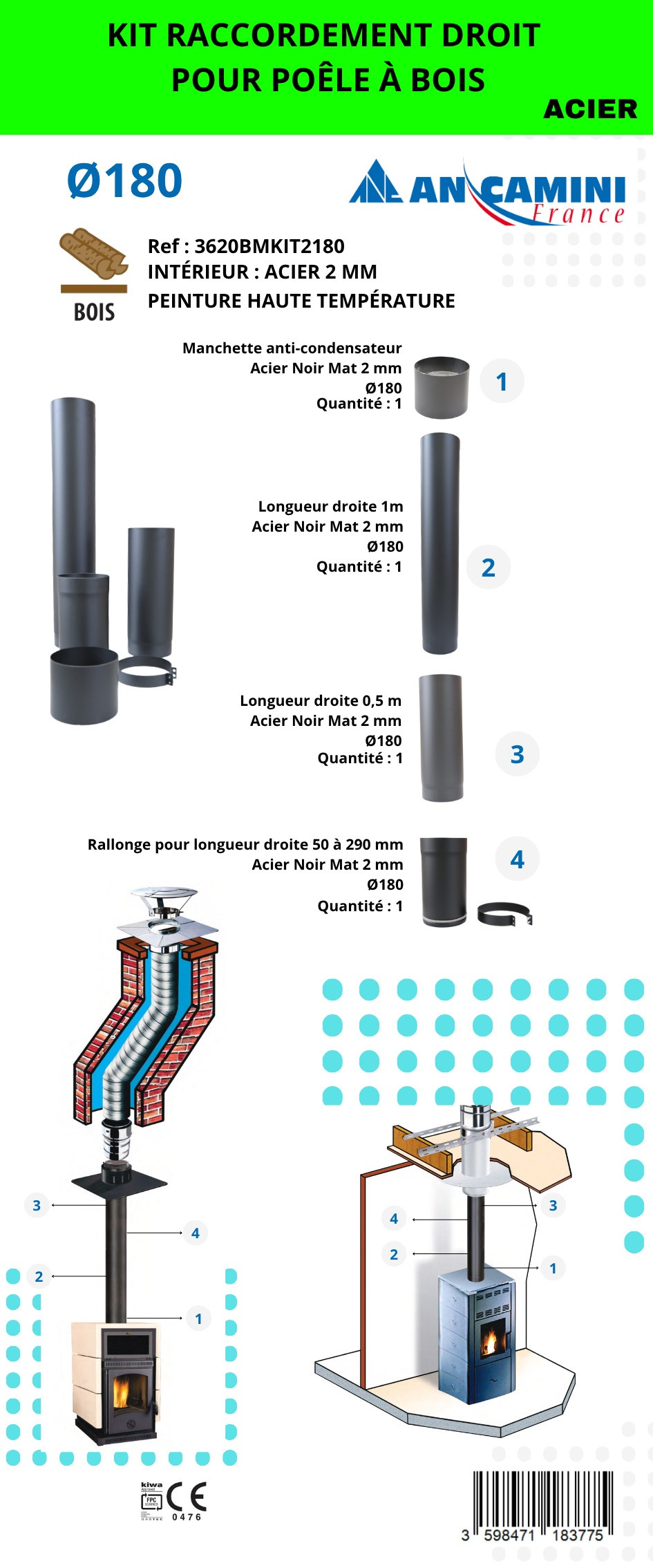 Kit de raccordement droit pour poêle à bois – acier noir 2 mm Ø180 – avec manchette, longueurs droites et rallonge ajustable