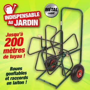 Dévidoir métallique de tuyau d'arrosage sur roues gonflables, qualité professionnelle