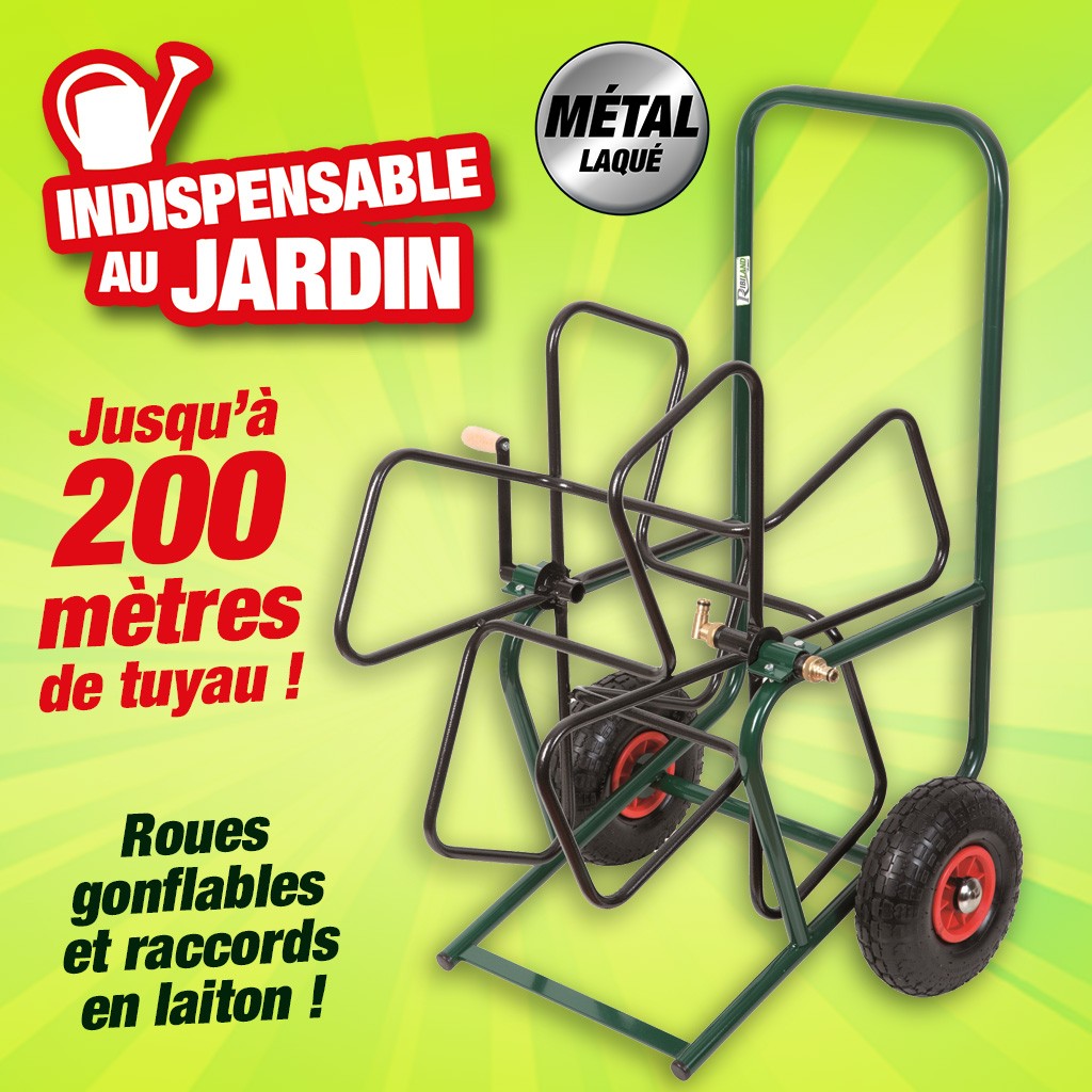 Dévidoir métallique de tuyau d'arrosage sur roues gonflables, qualité professionnelle