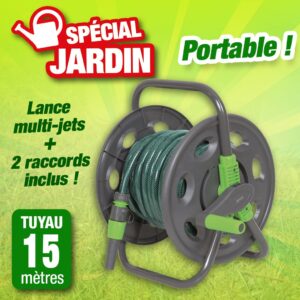 Dévidoir de tuyau d'arrosage portable + 15 mètres de tuyau en 12,5 mm