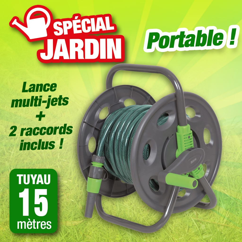 Dévidoir de tuyau d'arrosage portable + 15 mètres de tuyau en 12,5 mm