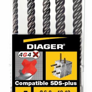 Coffret plastique 5 forets béton - DIAGER  - 4G4 4 taillants compatible SDS+ L160 Diam.6-8(x2)-10-12 mm