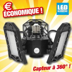 Projecteur multi-directionnel avec 3 panneaux LED réglables, adaptable sur douille à vis