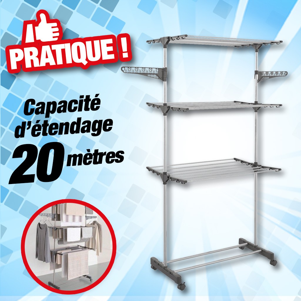 Séchoir étendoir à linge en inox pliable 3 niveaux, H 1,45M soit 20 mètres d'étendage !