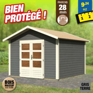 Abri de jardin en bois de 28 mm- Gris terre - 9,24 m²