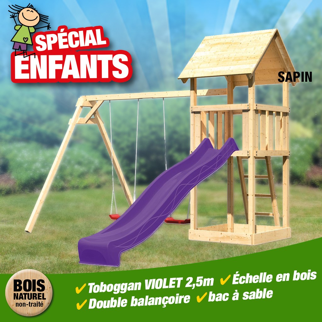 KitB Tour Lotti bac-échelle-toboggan vagues violet + dble balançoire