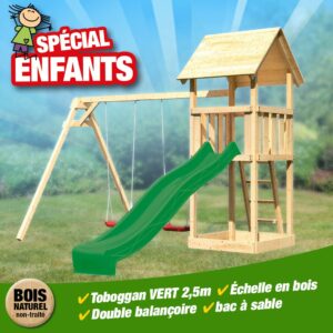 KitB Tour Lotti bac-échelle-toboggan vagues vert + dble balançoire