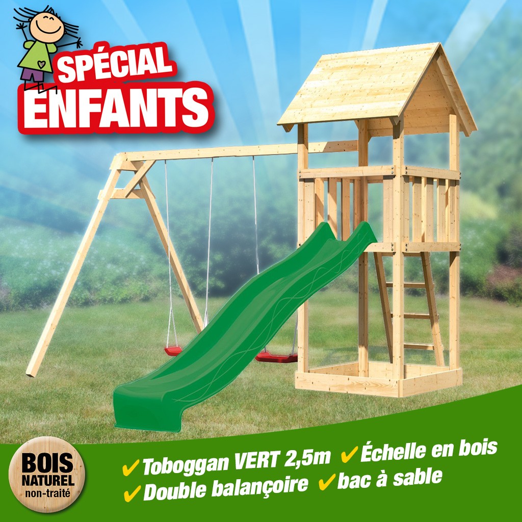KitB Tour Lotti bac-échelle-toboggan vagues vert + dble balançoire