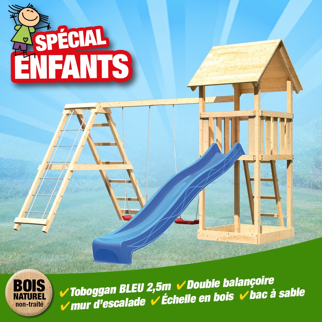 KitC Tour Lotti bac+échelle+toboggan vagues bleu+dble balançoire+mur