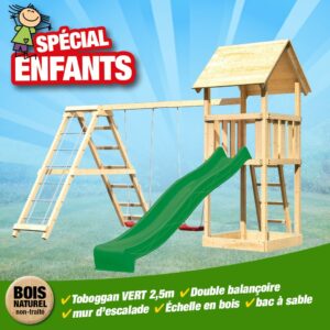 KitC Tour Lotti bac+échelle+toboggan vagues vert+dble balançoire+mur