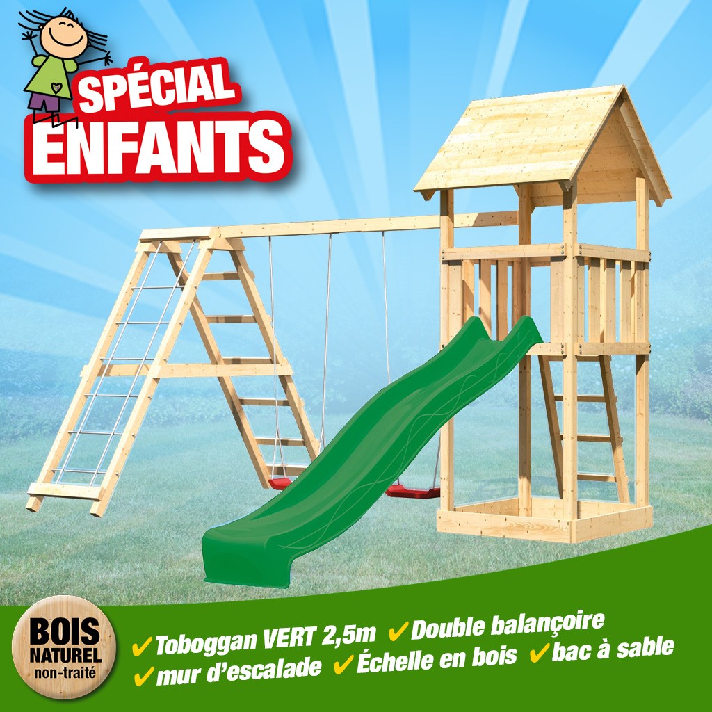 KitC Tour Lotti bac+échelle+toboggan vagues vert+dble balançoire+mur