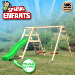 Kit Balançoire double Félix+mur escalade+toboggan vagues 2,5m vert