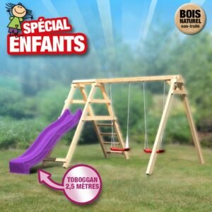 Kit Balançoire double Félix+mur escalade+toboggan vagues 2,5m violet