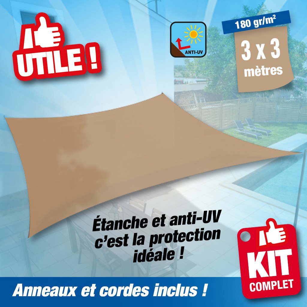 Voile d'ombrage étanche carré. Dimensions : 3 * 3M