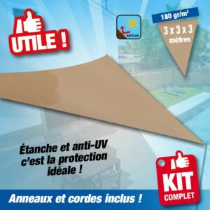 Voile d'ombrage étanche format triangle 3*3*3m