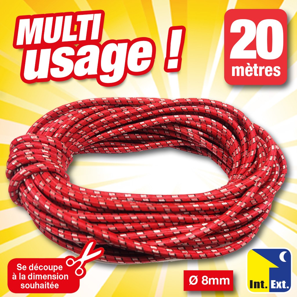 Câble élastique à usage intérieur ou extérieur.