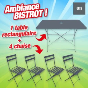 ensemble bistrot table rectangulaire grise + 4 chaises grises
