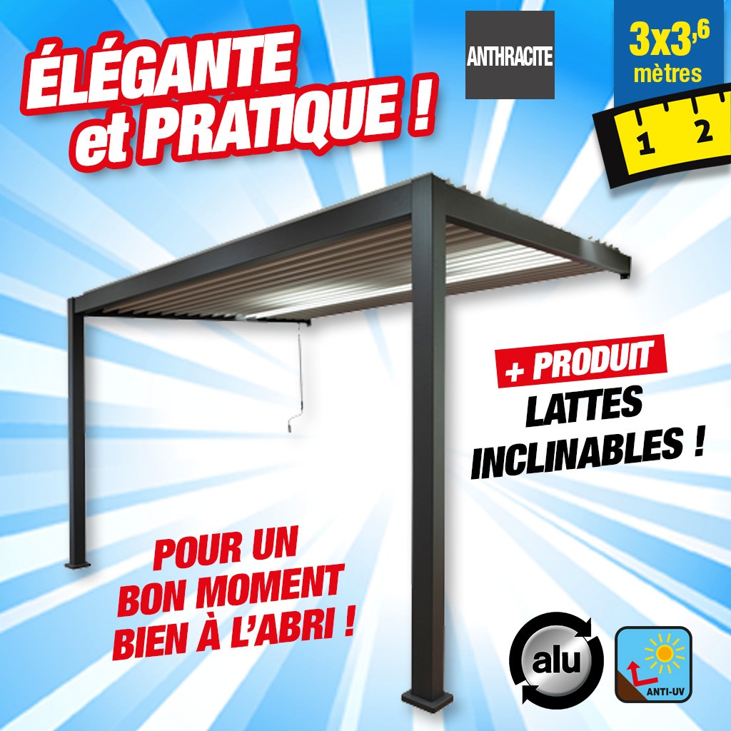 pergola bioclimatique pour protéger votre terrasse 3M x 3,6M - anthracite