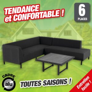 Canapé d'extérieur d'angle cadre aluminium, tout temps + table basse