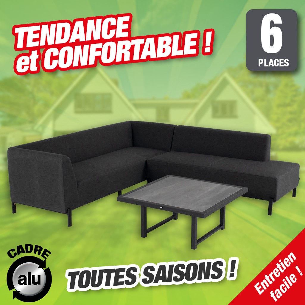 Canapé d'extérieur d'angle cadre aluminium, tout temps + table basse