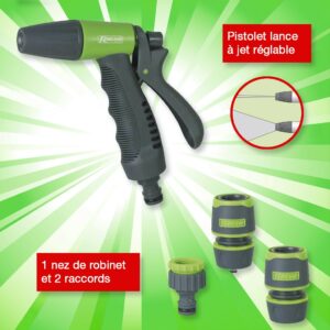 KIT PISTOLET+RACCORDS+NEZ ROBINET 1/2"-3/4" BI-MATIÈRE PLASTIQUE SUR CARTE