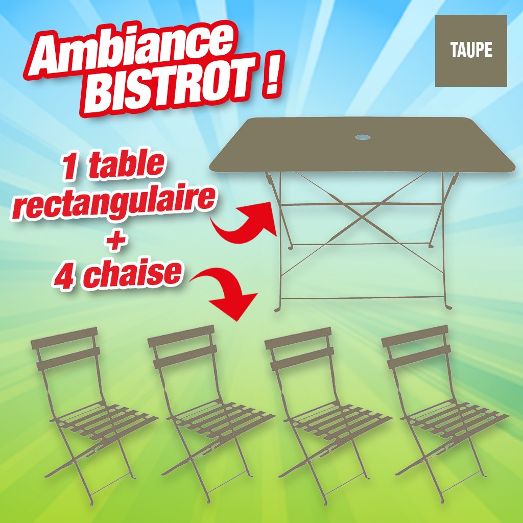ensemble bistrot table rectangulaire taupe + 4 chaises taupes