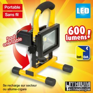 PROJECTEUR À LED 10W 600 LUMENS À BATTERIE LI-ION PORTABLE