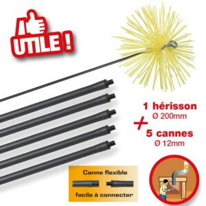 KIT DE RAMONAGE POUR CHEMINÉE, 5 CANNES 1M40 + HÉRISSON ROND DIAM 200 MM