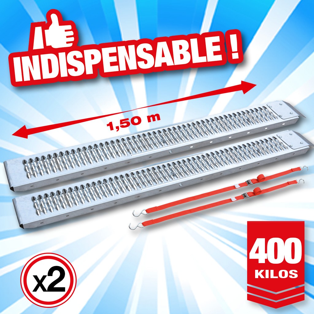 lot de 2 rampes de chargement longueur 1,50m + platine fixation