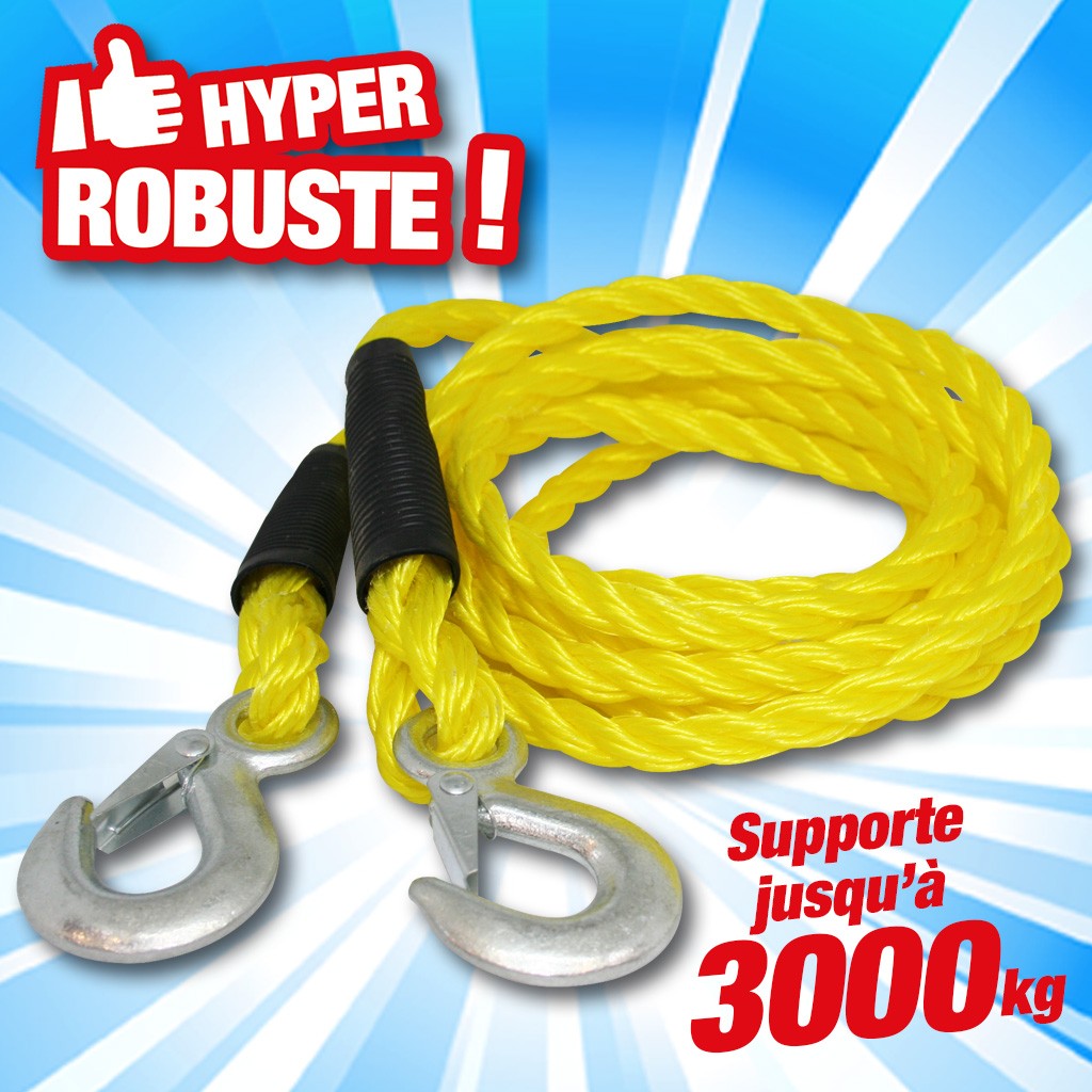 CORDE DE REMORQUAGE JUSQU'À 3 TONNES, avec accroches rapides
