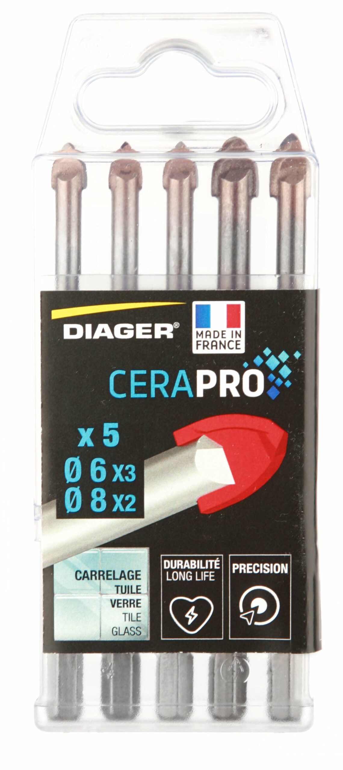 Coffret 5 forets - DIAGER - Cerapro attachement 6 pans Diam.6(x3)-8(x2) mm