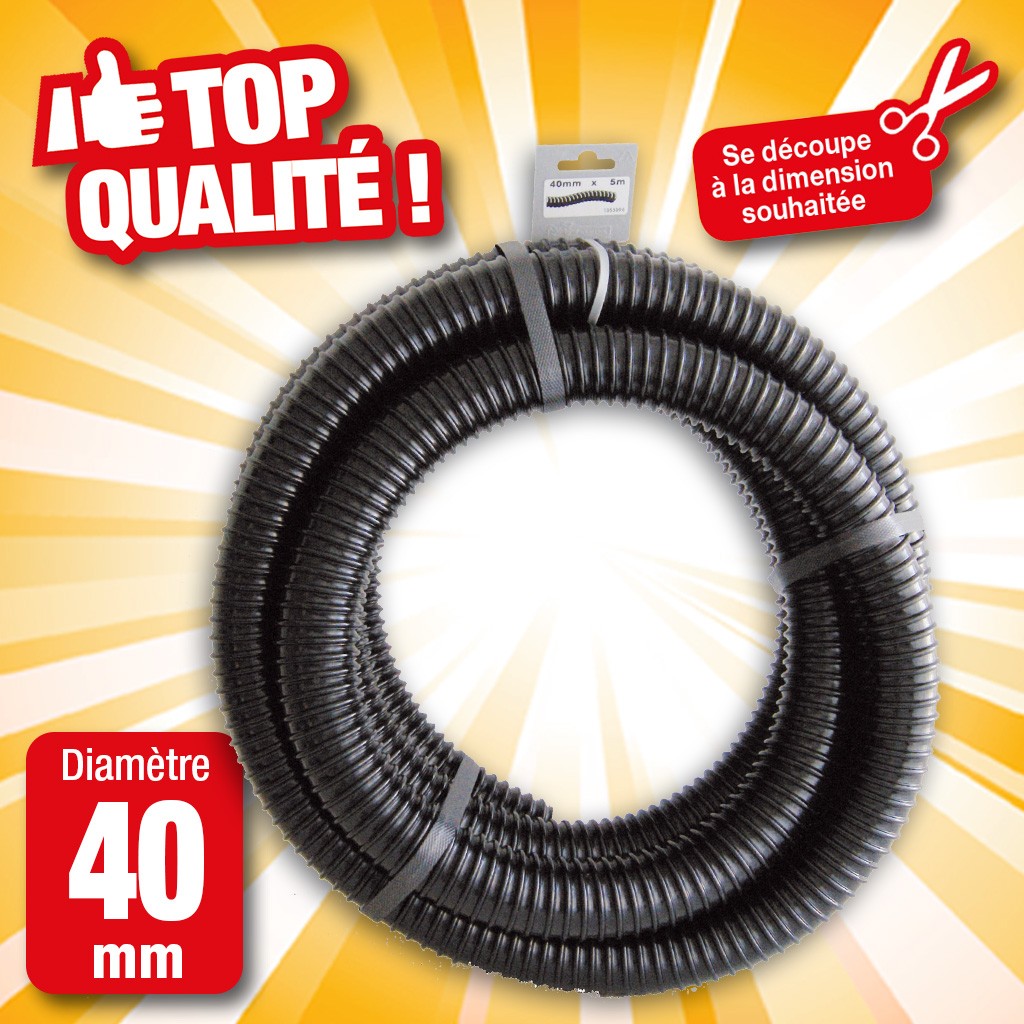 Tuyau de raccord cannelé renforcé noir - Ø40 mm (1½") x 5 m