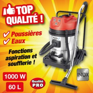 aspirateur bidon 60l 2 moteurs inox 2x1000w eaux /poussieres
