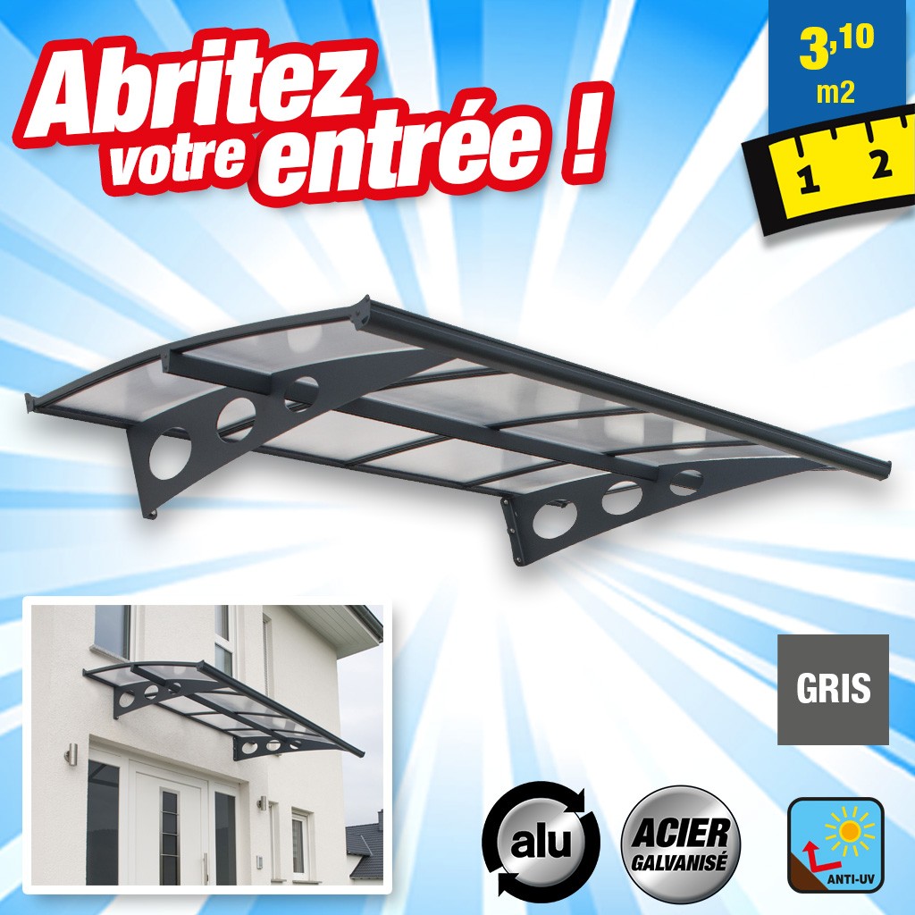 Marquise auvent de porte en aluminium - 223.5 x 139 x 33 cm - anthracite