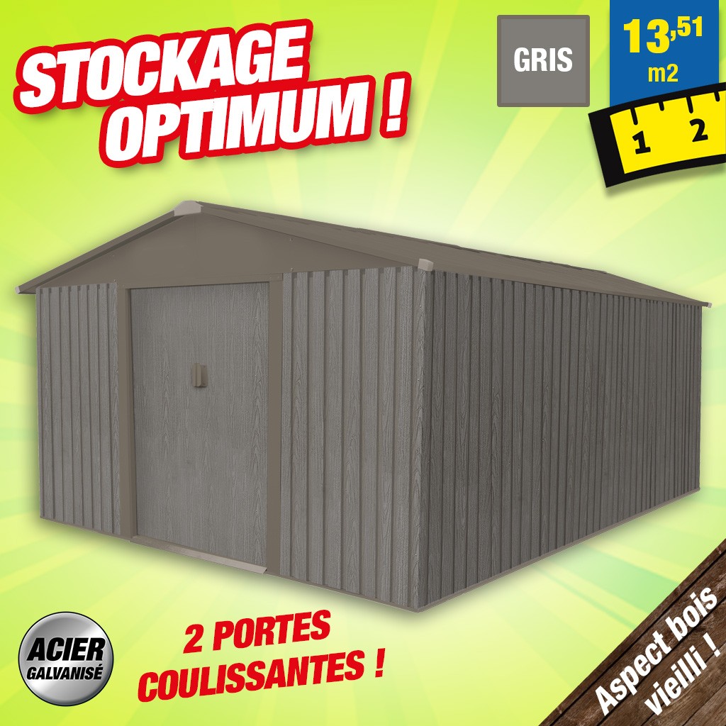 Abri de jardin métal aspect bois vieilli - 13,5 m² - Colori gris
