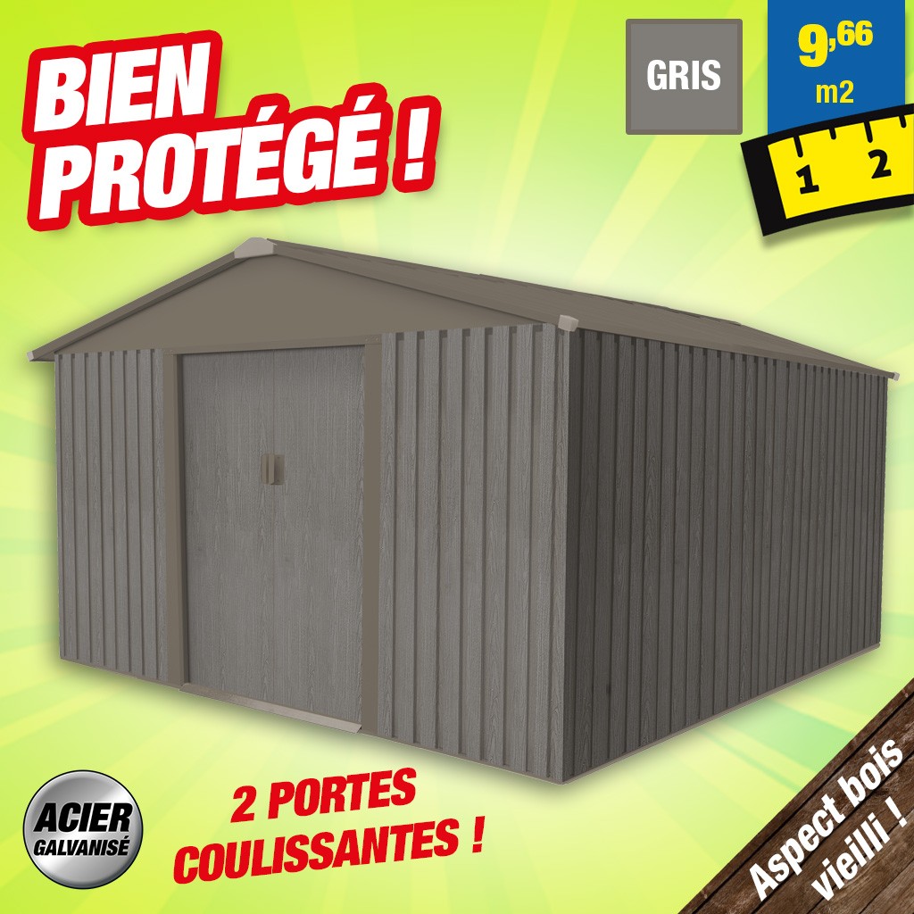 Abri de jardin métal - Bois vieilli 1010 - 9,7 m² - gris