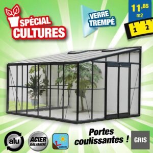 Serre de jardin 11,8 m2 - parois en verre trempé 4 mm - chassis acier galvanisé - armature aluminium