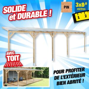 Toit terrasse bois 3x8,6 m avec toit