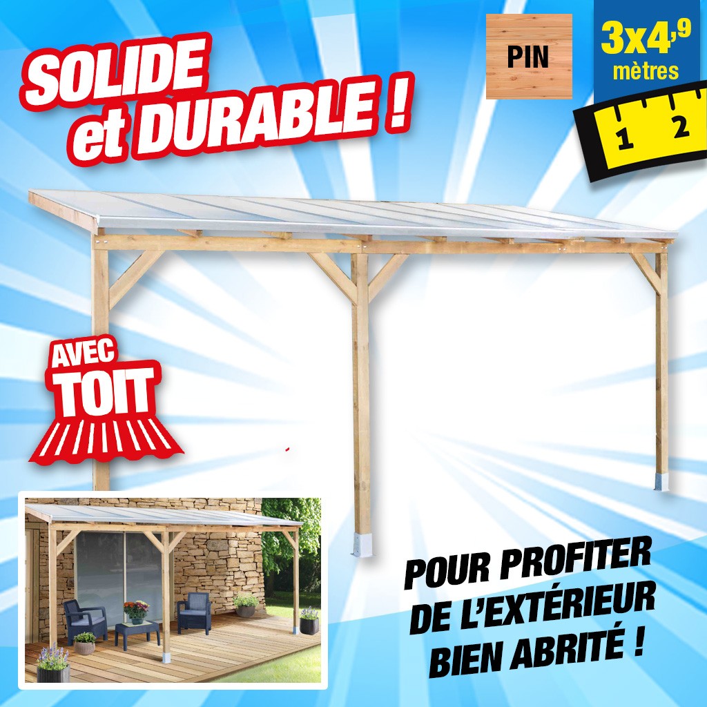 Toit terrasse bois 3x4,9 m avec toit