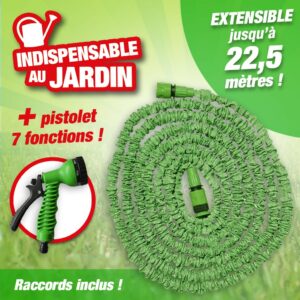 Tuyau d'arrosage extensible jusqu'à 22,5 mètres de longueur + pistolet multijets